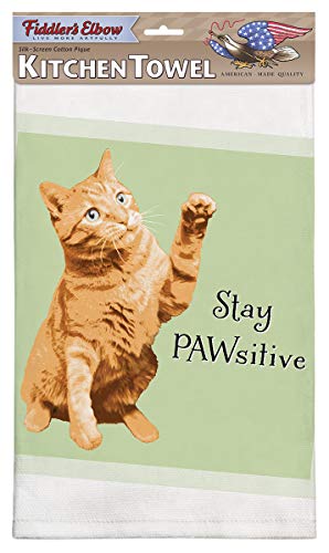 Fiddler's Elbow Stay Pawsitive Funny Kitchen Towel with Hanging Loop | Cat Dish Towel